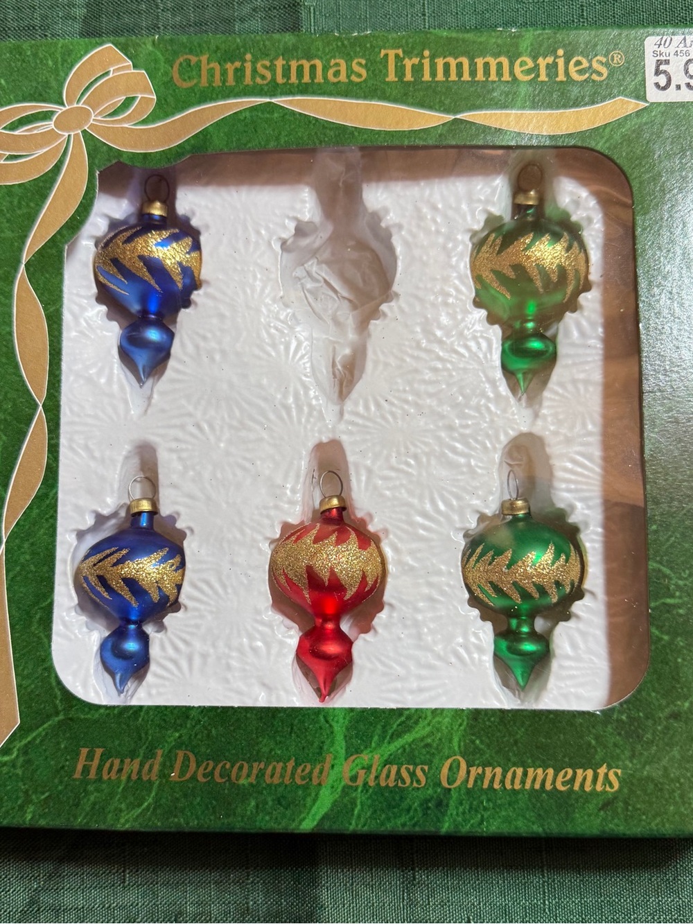 Vtg Bradford Christmas Trimmeries Blue Red Green Decorated Glass Ornaments Set